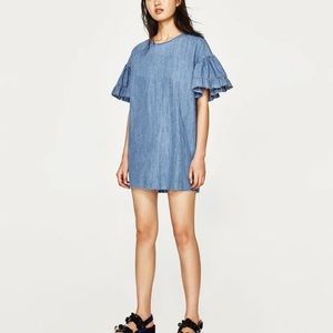 ZARA Chambray Tunic, Ruffled Sleeves, Raw Hem